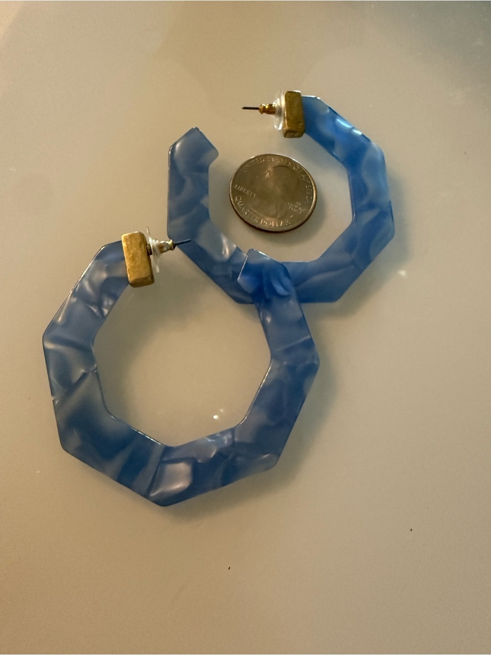 Vintage 80s 90s Blue Marble Hexagon Hoop Earrings Solid Acetate Mod Geometric